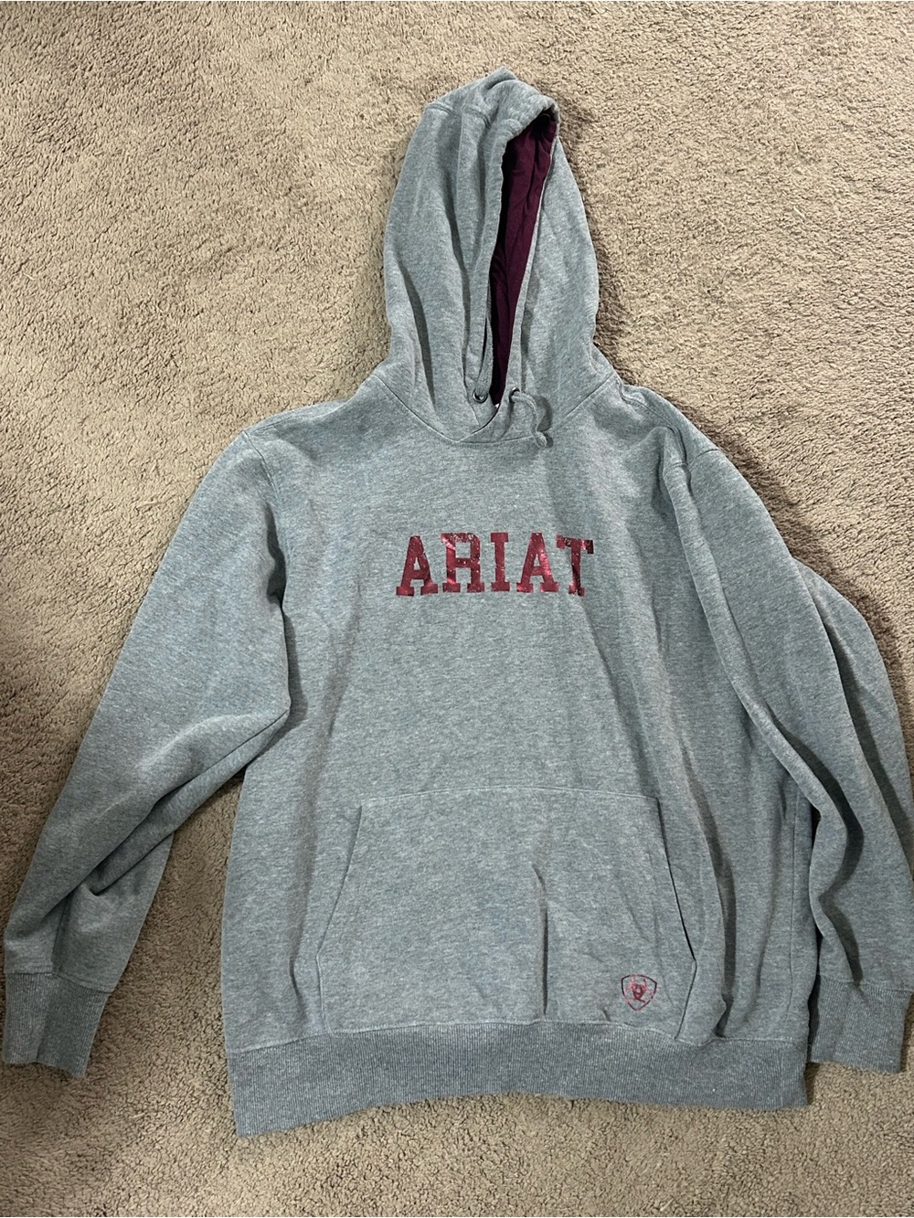 Ariat Gray Hoodie with Burgundy Logo and Lined Hood